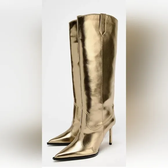 Zara Gold Metallic Effect Knee-High Boots Sz 10