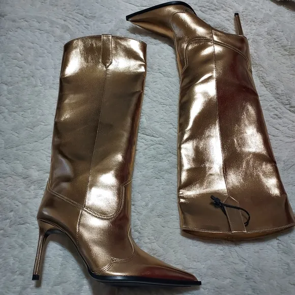 Zara Gold Metallic Effect Knee-High Boots Sz 10