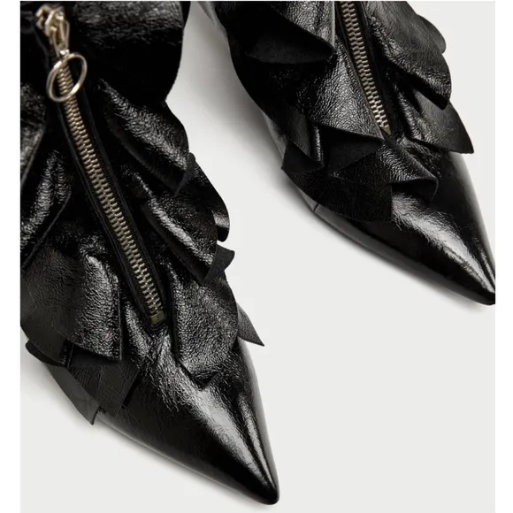 Zara Leather Ruffled Zipper Kitten Heel Ankle Boot