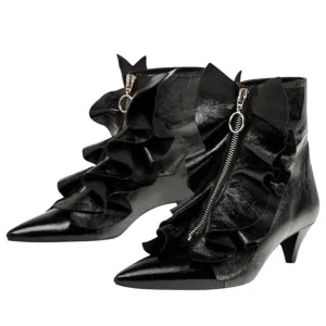Zara Leather Ruffled Zipper Kitten Heel Ankle Boot