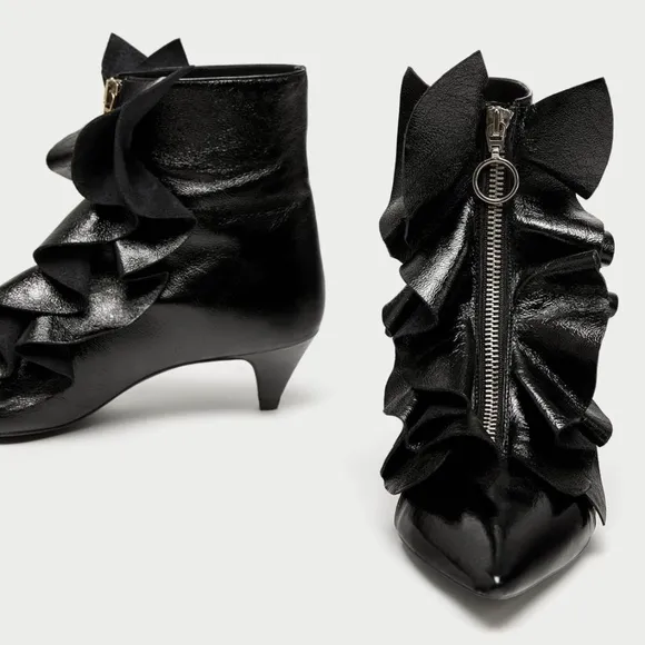 Zara Leather Ruffled Zipper Kitten Heel Ankle Boot