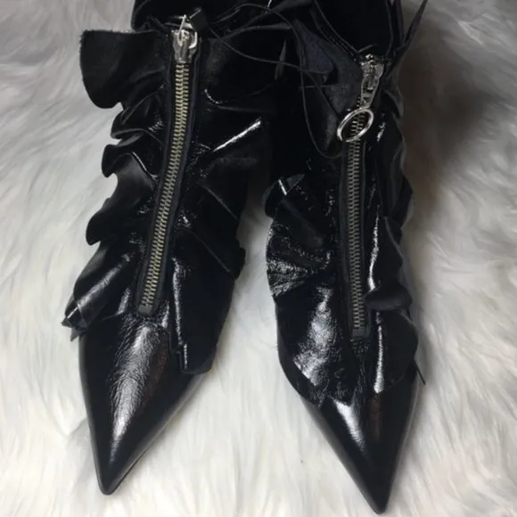 Zara Leather Ruffled Zipper Kitten Heel Ankle Boot