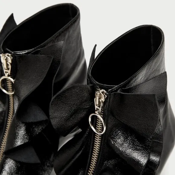 Zara Leather Ruffled Zipper Kitten Heel Ankle Boot