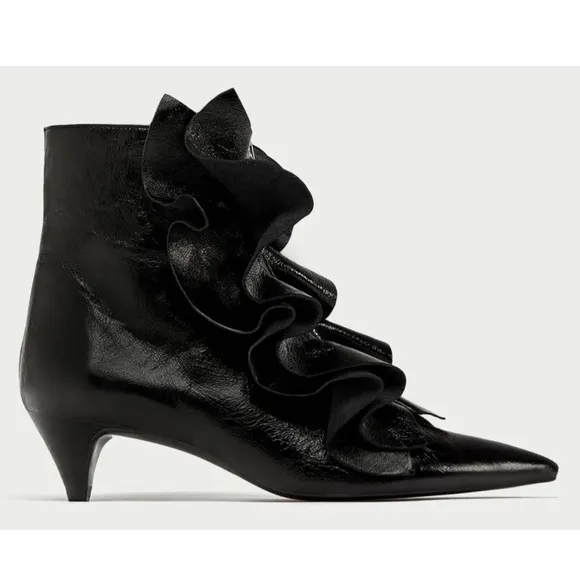 Zara Leather Ruffled Zipper Kitten Heel Ankle Boot