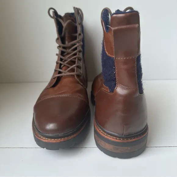 Zara Man Combat Boots Mens CapToe Brown Leather Blue Wool Cut In Size:12