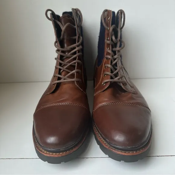 Zara Man Combat Boots Mens CapToe Brown Leather Blue Wool Cut In Size:12