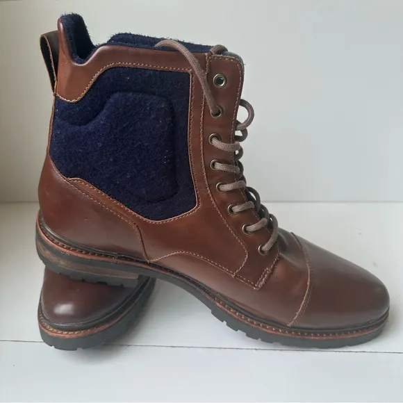Zara Man Combat Boots Mens CapToe Brown Leather Blue Wool Cut In Size:12