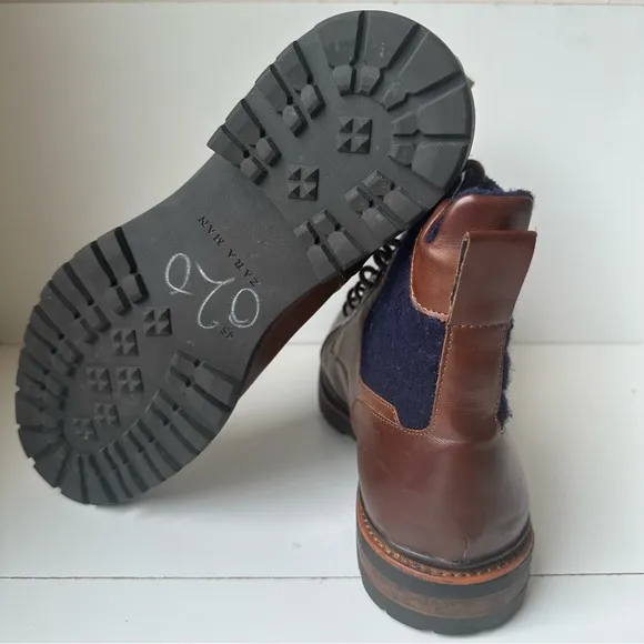 Zara Man Combat Boots Mens CapToe Brown Leather Blue Wool Cut In Size:12