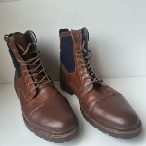 Zara Man Combat Boots Mens CapToe Brown Leather Blue Wool Cut In Size:12