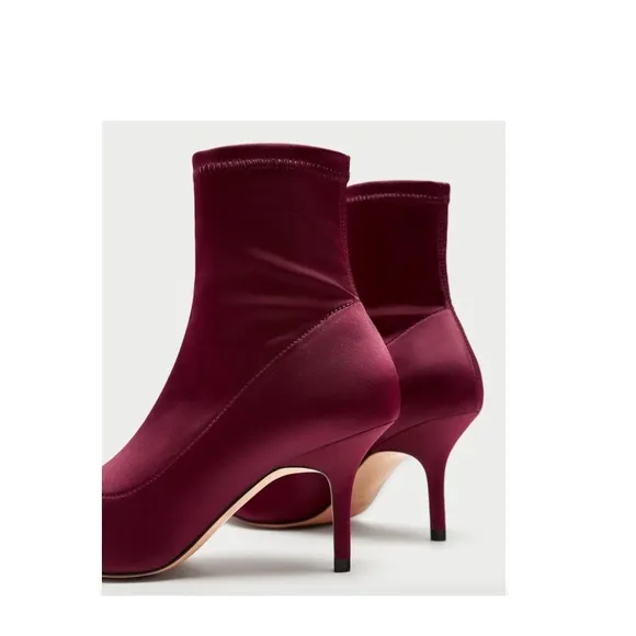 Zara Pointy Toe Satin Sock Style Heel Ankle Bootie