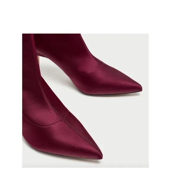 Zara Pointy Toe Satin Sock Style Heel Ankle Bootie