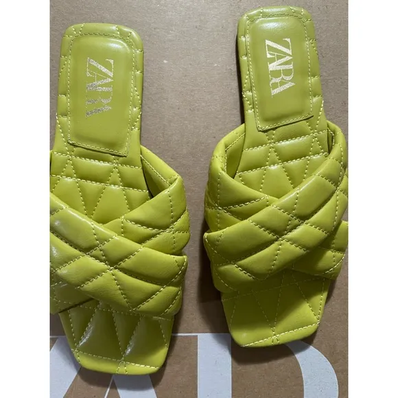 ZARA Quilted Slides Sandals in Neon Lemon