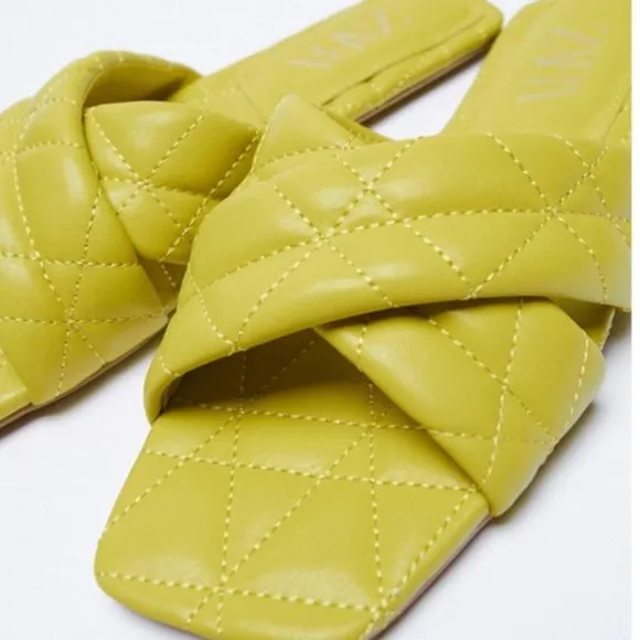 ZARA Quilted Slides Sandals in Neon Lemon