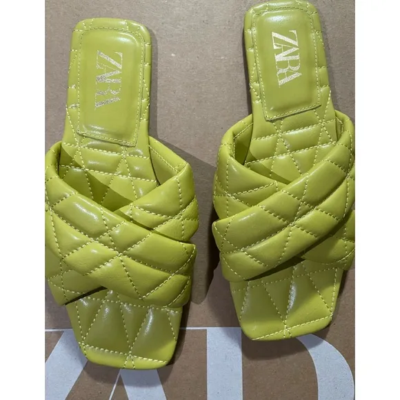 ZARA Quilted Slides Sandals in Neon Lemon
