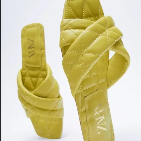ZARA Quilted Slides Sandals in Neon Lemon