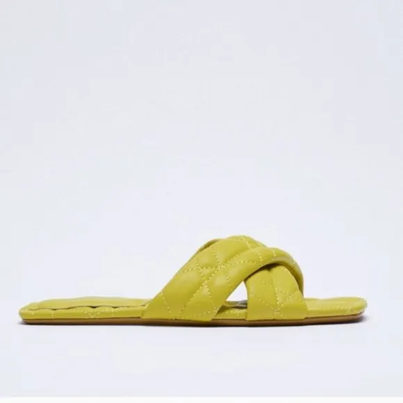 ZARA Quilted Slides Sandals in Neon Lemon