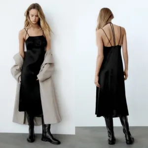 Zara satin effect midi slip dress black