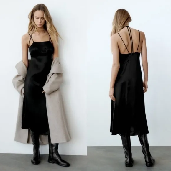 Zara satin effect midi slip dress black