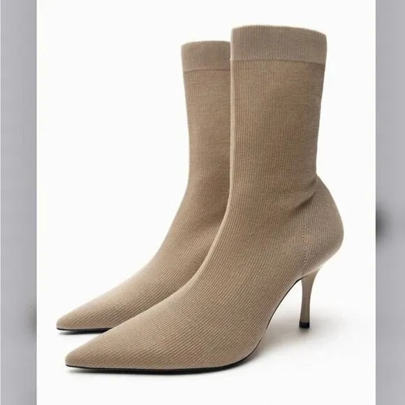 Zara STRETCH FABRIC HEELED SOCK ANKLE BOOTS Size 8