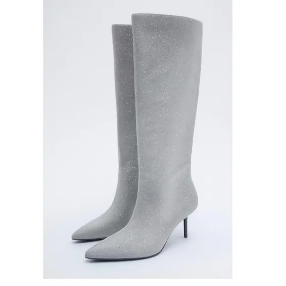 Zara SZ 8 silver sparkly tall heeled boots.