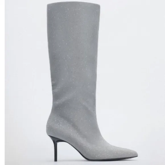 Zara SZ 8 silver sparkly tall heeled boots.