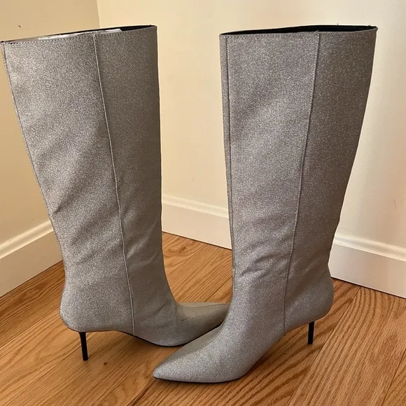 Zara SZ 8 silver sparkly tall heeled boots.