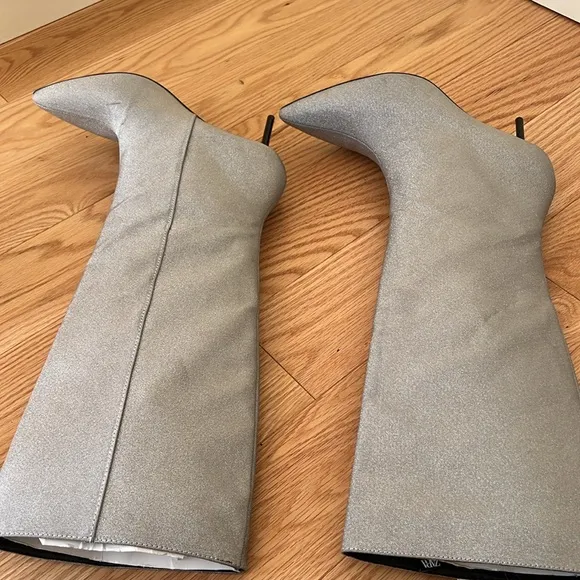 Zara SZ 8 silver sparkly tall heeled boots.