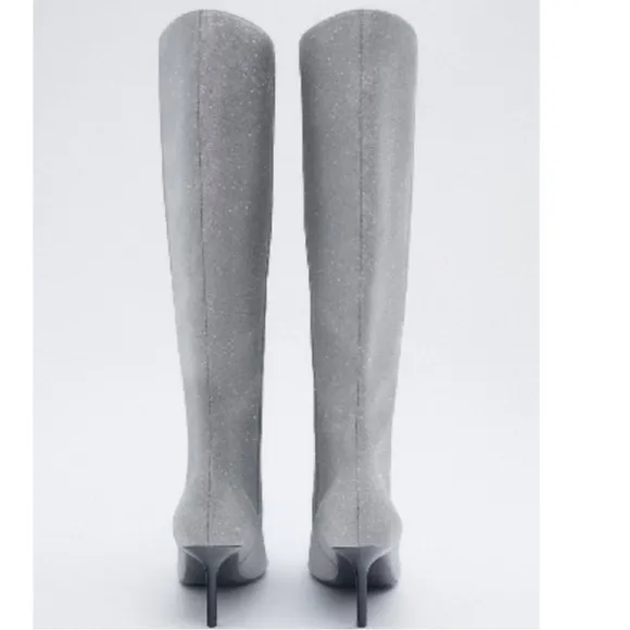 Zara SZ 8 silver sparkly tall heeled boots.