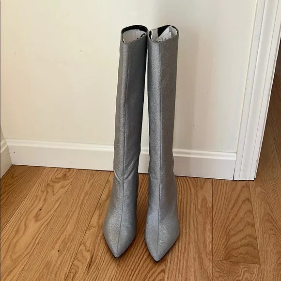 Zara SZ 8 silver sparkly tall heeled boots.
