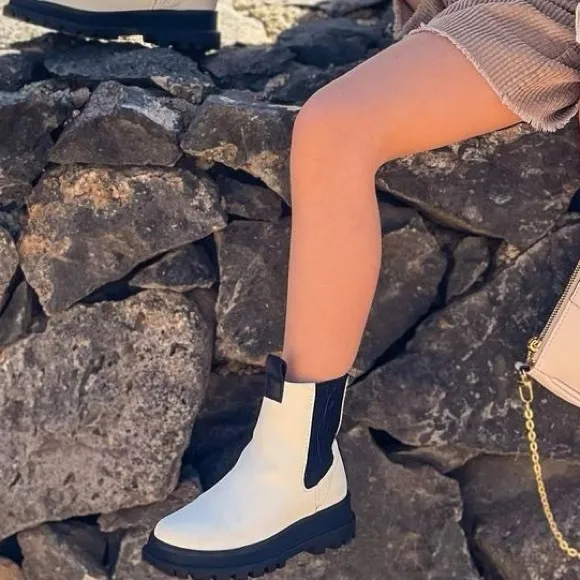 ZARA White Chunky Lug Low Heel Ankle Boots Pull On Black Stripe