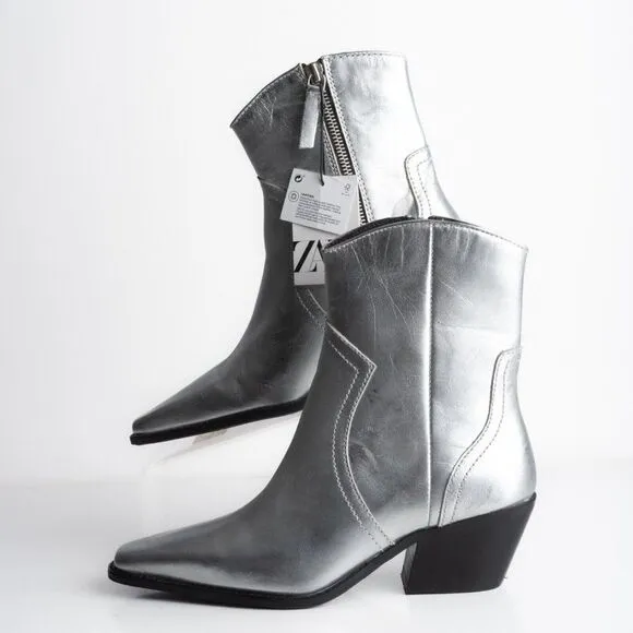 Zara Womens Metallic Silver Cowboy Leather Ankle Boots Western US 6.5 EU 37 NWT