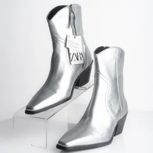 Zara Womens Metallic Silver Cowboy Leather Ankle Boots Western US 6.5 EU 37 NWT