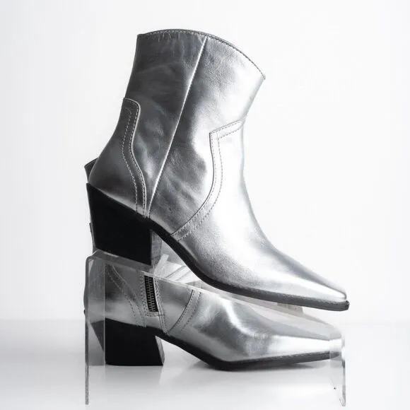 Zara Womens Metallic Silver Cowboy Leather Ankle Boots Western US 6.5 EU 37 NWT
