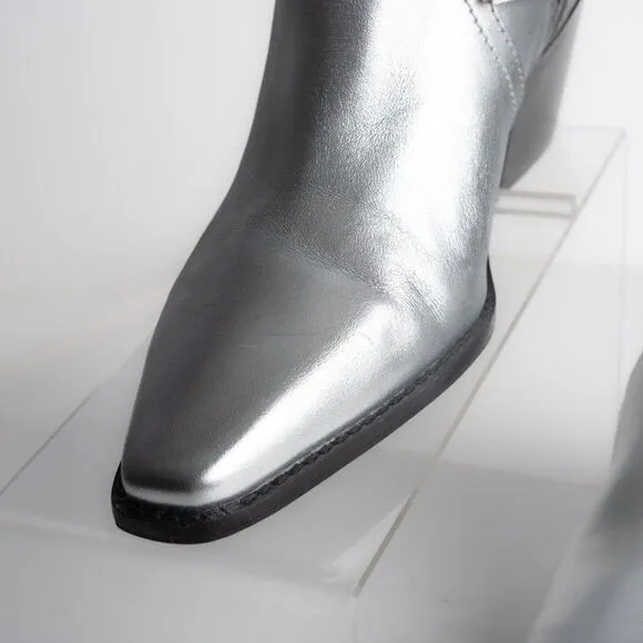 Zara Womens Metallic Silver Cowboy Leather Ankle Boots Western US 6.5 EU 37 NWT