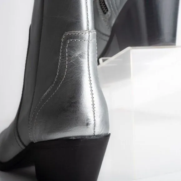 Zara Womens Metallic Silver Cowboy Leather Ankle Boots Western US 6.5 EU 37 NWT