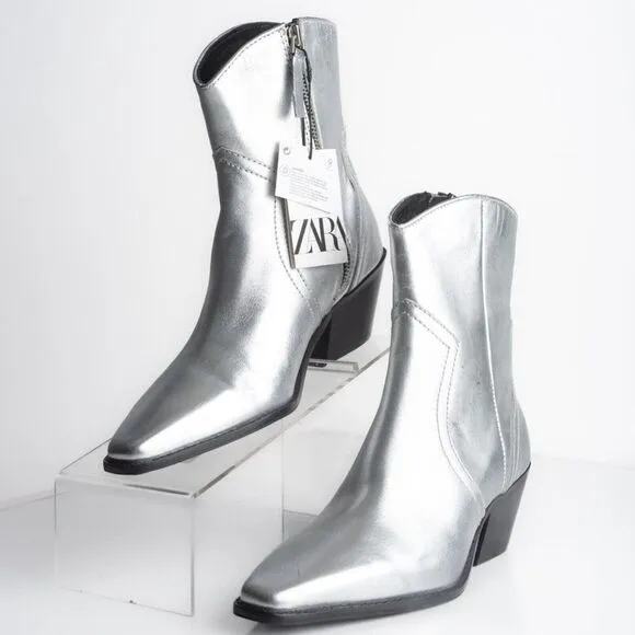 Zara Womens Metallic Silver Cowboy Leather Ankle Boots Western US 6.5 EU 37 NWT