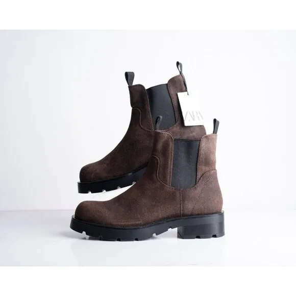 Zara Womens Suede Pull On Platform Ankle Boots Brown US 9 EU 40 1120/310 NWD