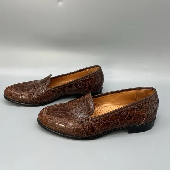 ZELLI Tuscany Crocodile Penny Loafers Mens 8.5M Cognac Alligator Leather Shoes