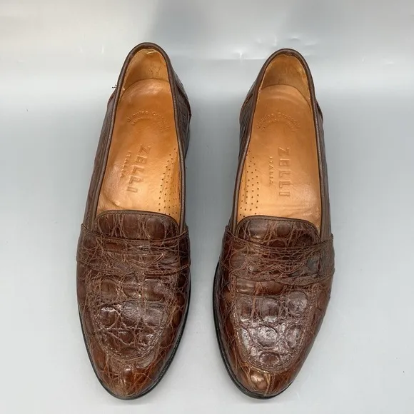 ZELLI Tuscany Crocodile Penny Loafers Mens 8.5M Cognac Alligator Leather Shoes