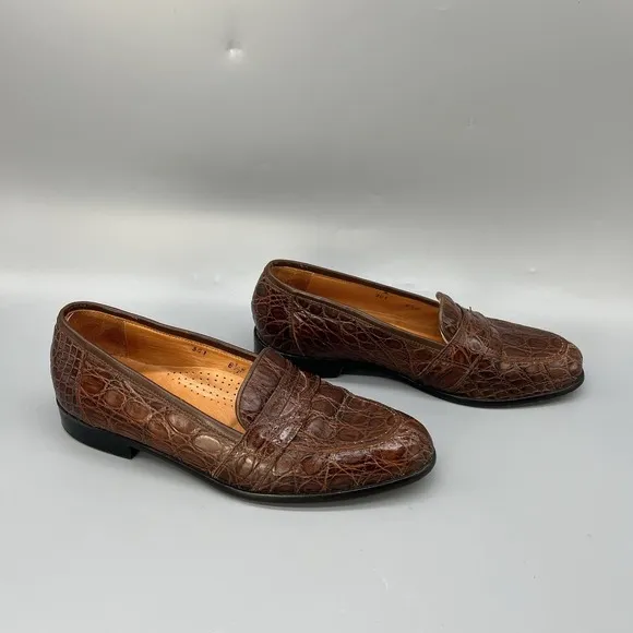 ZELLI Tuscany Crocodile Penny Loafers Mens 8.5M Cognac Alligator Leather Shoes
