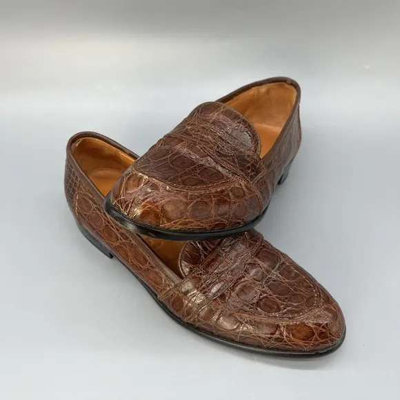 ZELLI Tuscany Crocodile Penny Loafers Mens 8.5M Cognac Alligator Leather Shoes